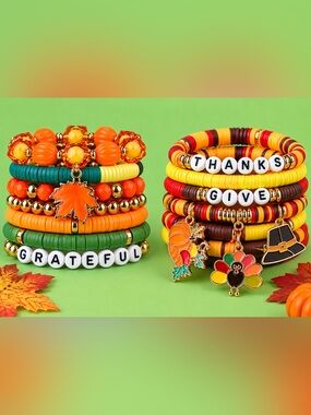 Thanksgiving Fall Stretch Bracelet SET OF TWO-Give Thanks & Grateful  Charms